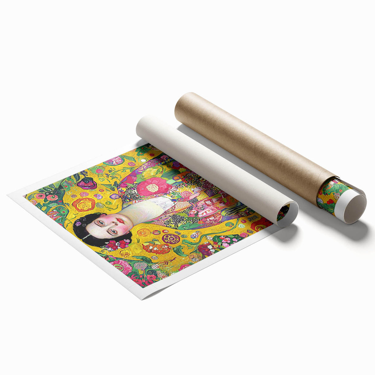 Abstract figurative rolled print showcasing vibrant colors and dynamic shapes, beautifully packaged in a protective cardboard tube, ideal for home decor enthusiasts.