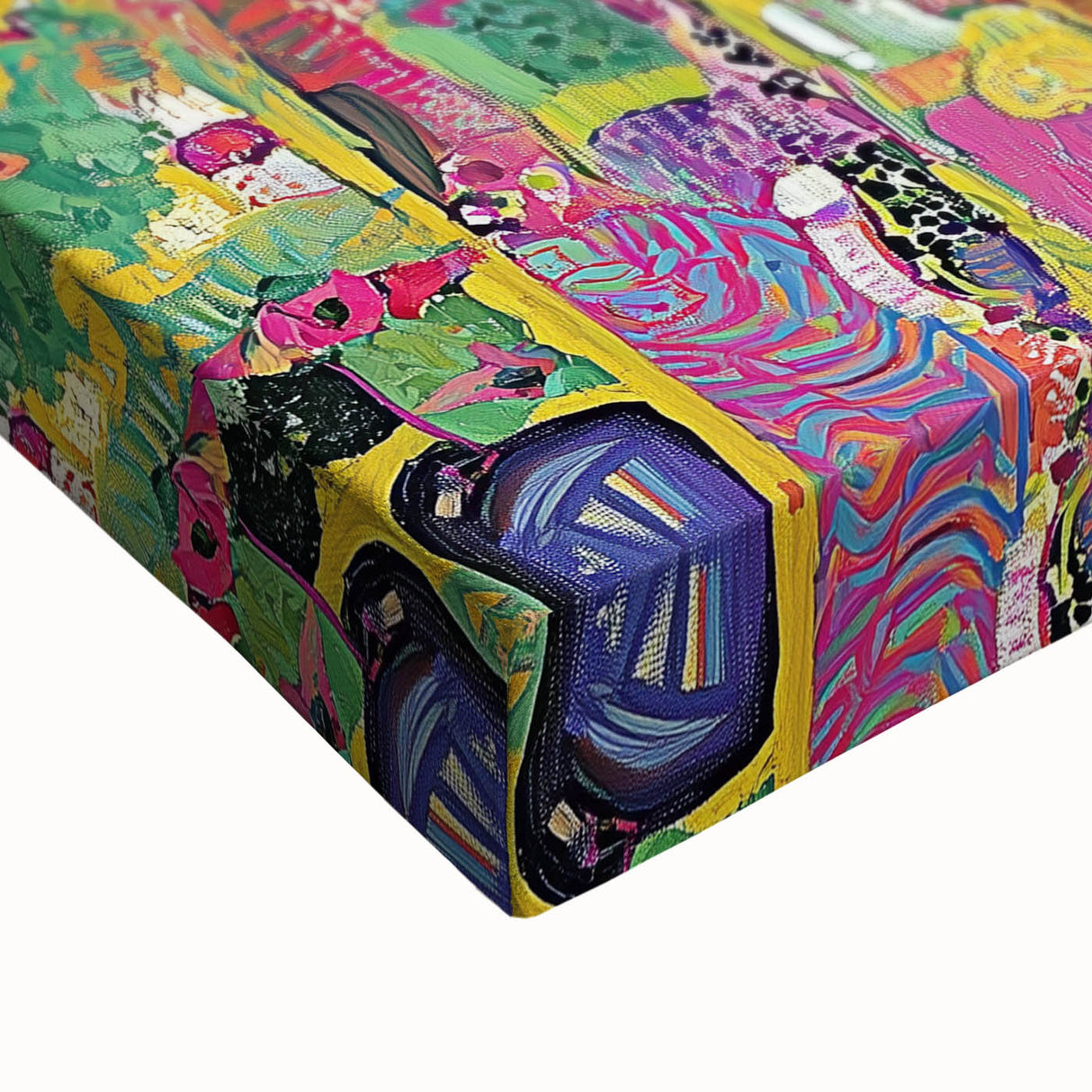 Close-up of an abstract figurative stretched canvas artwork featuring vibrant colors and intricate textures, ideal for modern home decor and artistic expression.