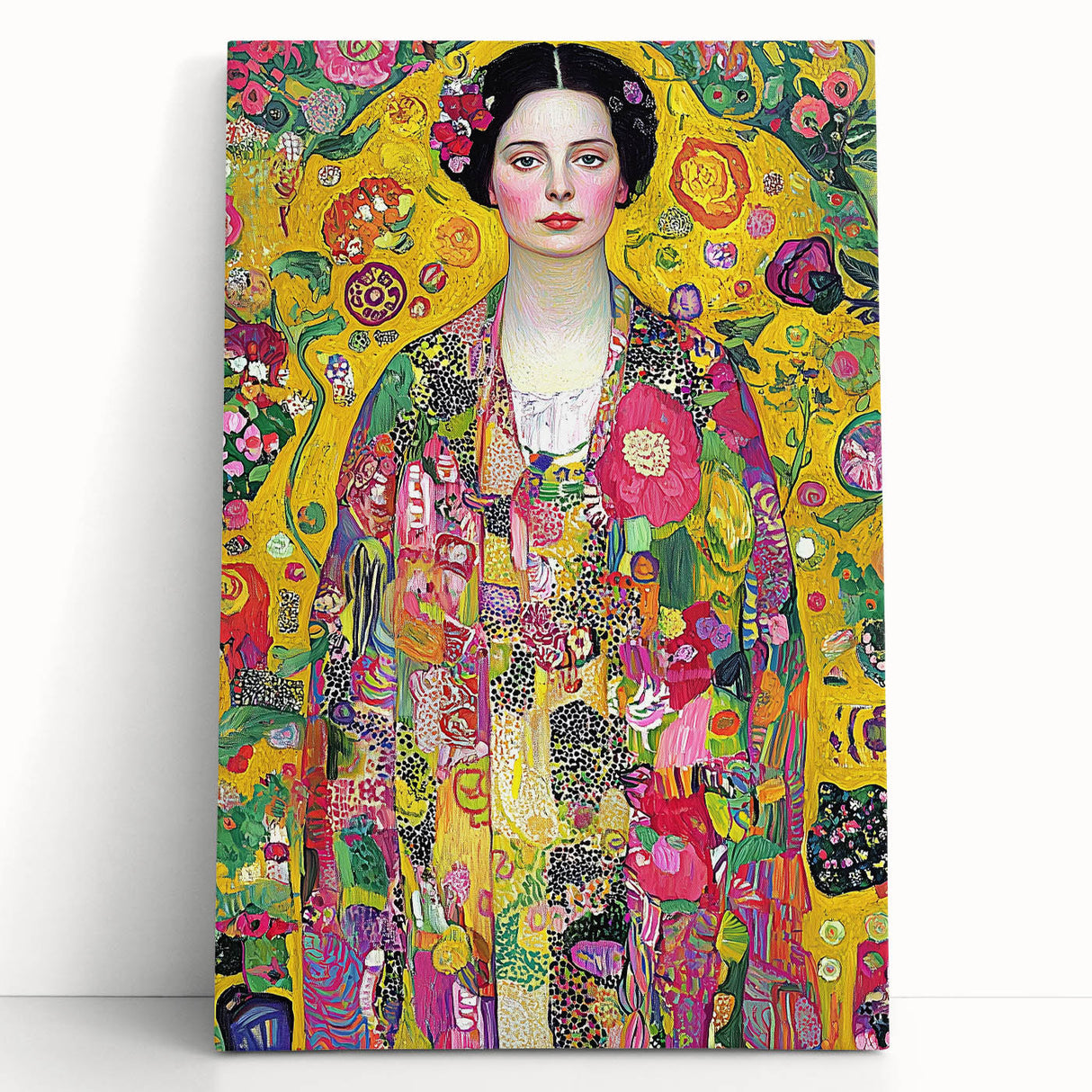 Abstract figurative stretched canvas art piece showcasing vibrant colors and dynamic shapes, leaning against a textured wall, perfect for modern decor.