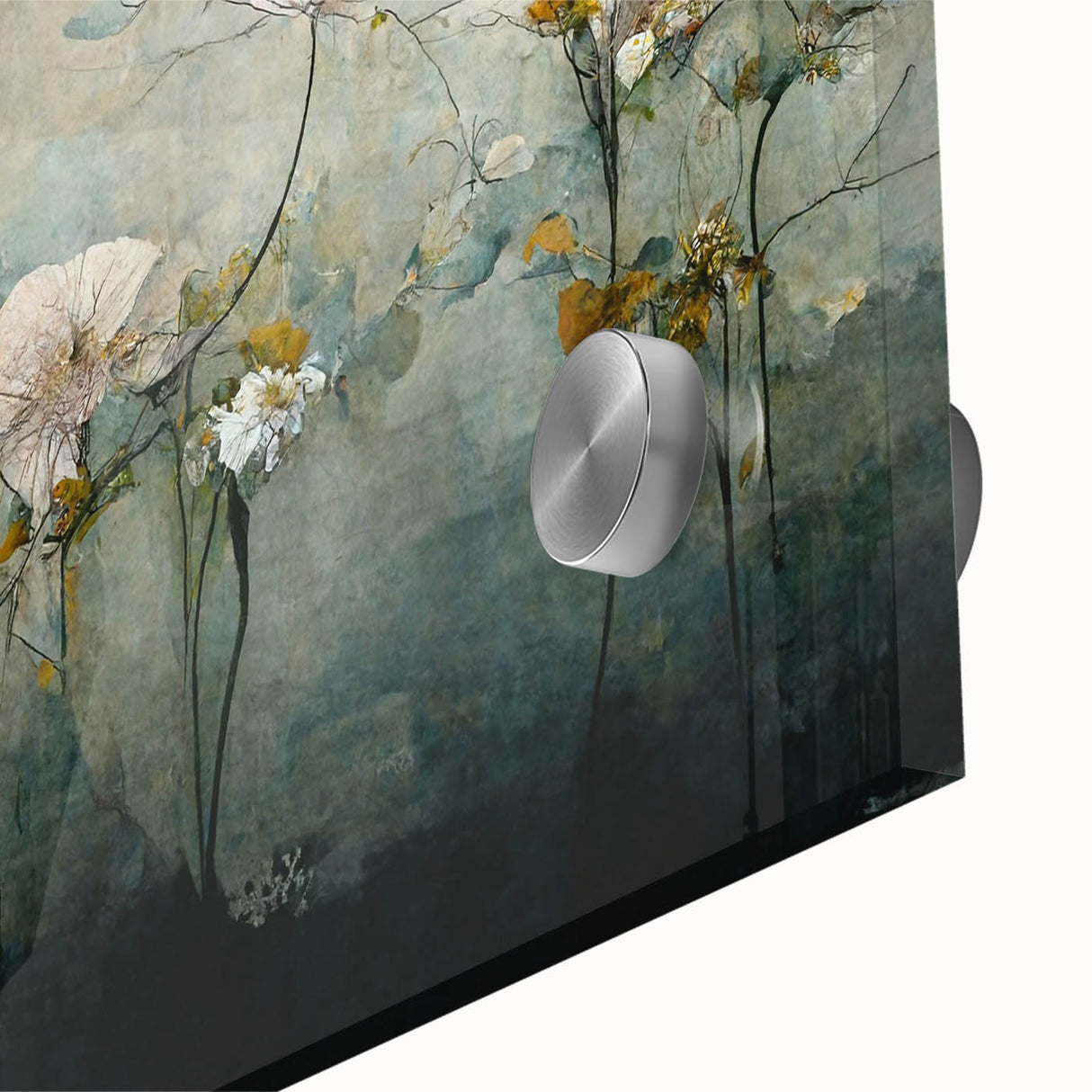 Close-up of an abstract floral wall art piece printed on acrylic glass, showcasing vibrant colors and intricate patterns, perfect for modern home decor.