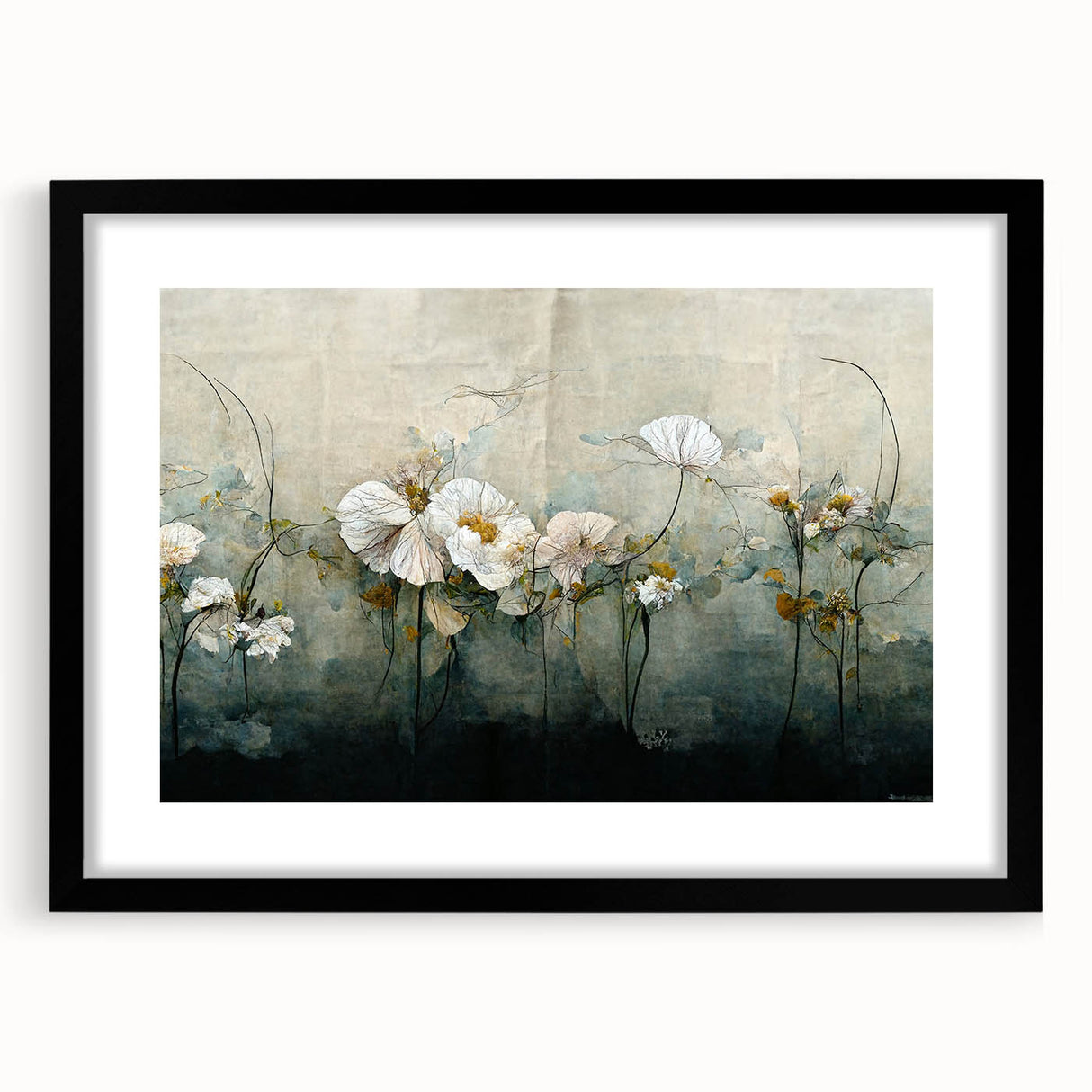 Abstract floral wall art in a sleek black frame with a white mat, showcasing vibrant colors and intricate designs, perfect for modern home decor.
