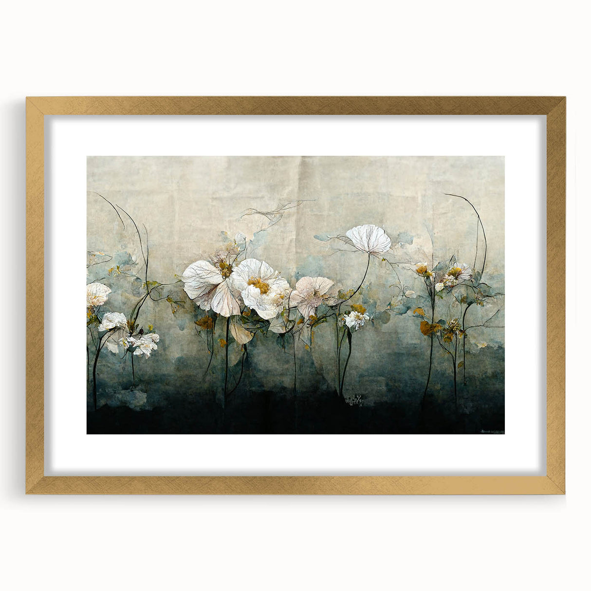 Abstract floral wall art framed in gold with a mat, showcasing vibrant colors and intricate patterns, ideal for modern home decor or gallery display.