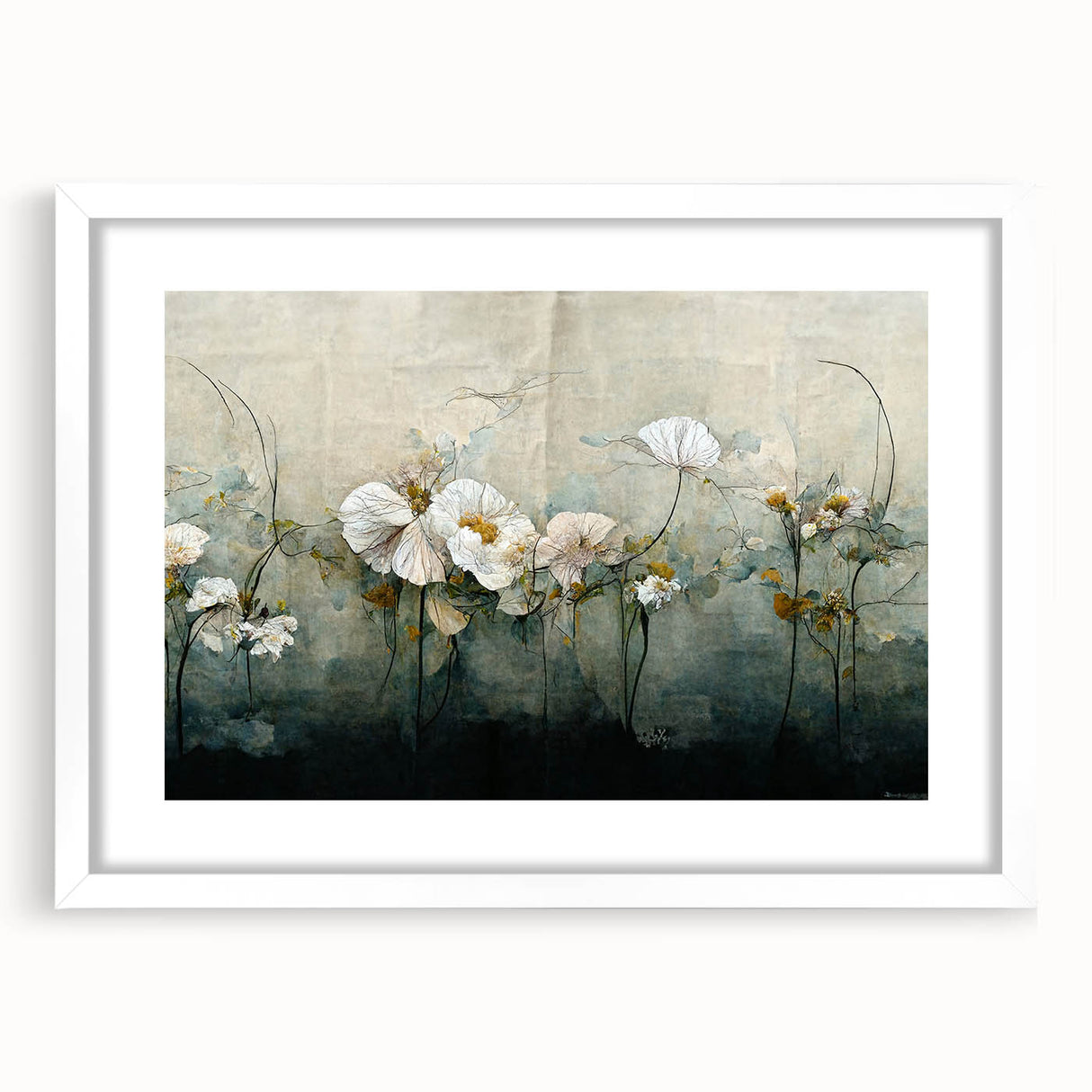 Abstract floral wall art framed in white, showcasing vibrant colors and intricate designs, perfect for modern home décor, adding elegance and charm to any space.
