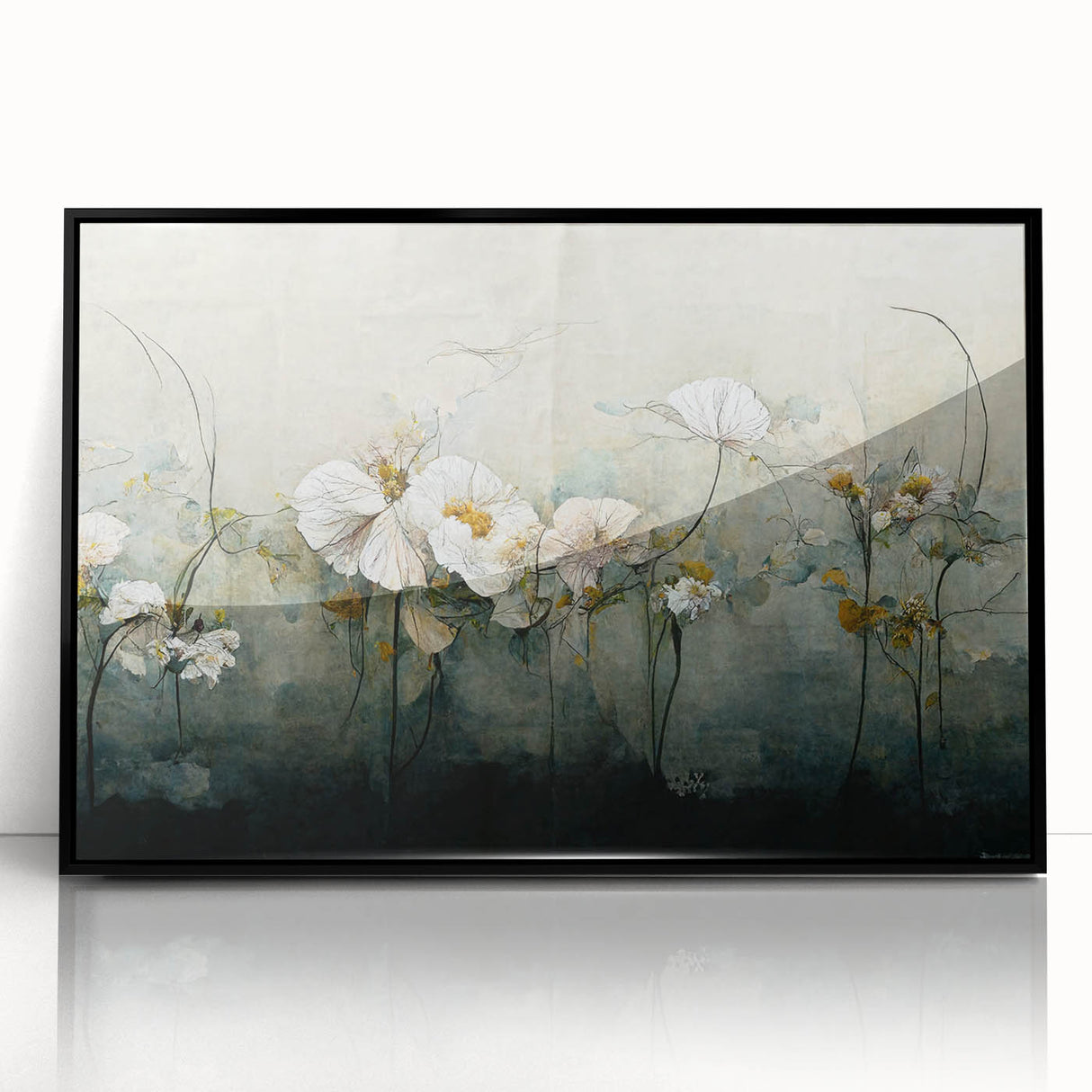 Framed abstract floral wall art in black acrylic, showcasing vibrant colors and intricate designs, perfect for modern home decor. Ideal for enhancing living spaces or offices with artistic flair.