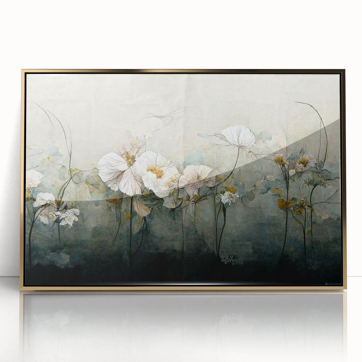 Framed abstract floral wall art featuring vibrant gold accents and intricate designs, perfect for adding elegance to home decor. Ideal for modern living spaces.