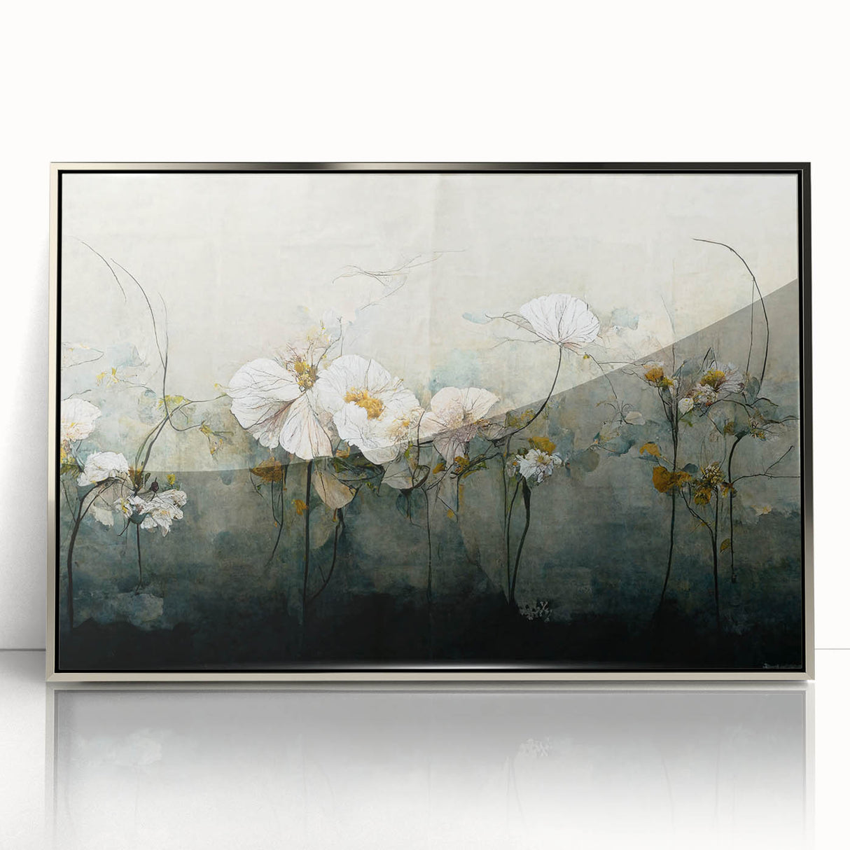 Framed wall art featuring an abstract floral design in vibrant colors, enclosed in a sleek silver frame, perfect for modern home decor.