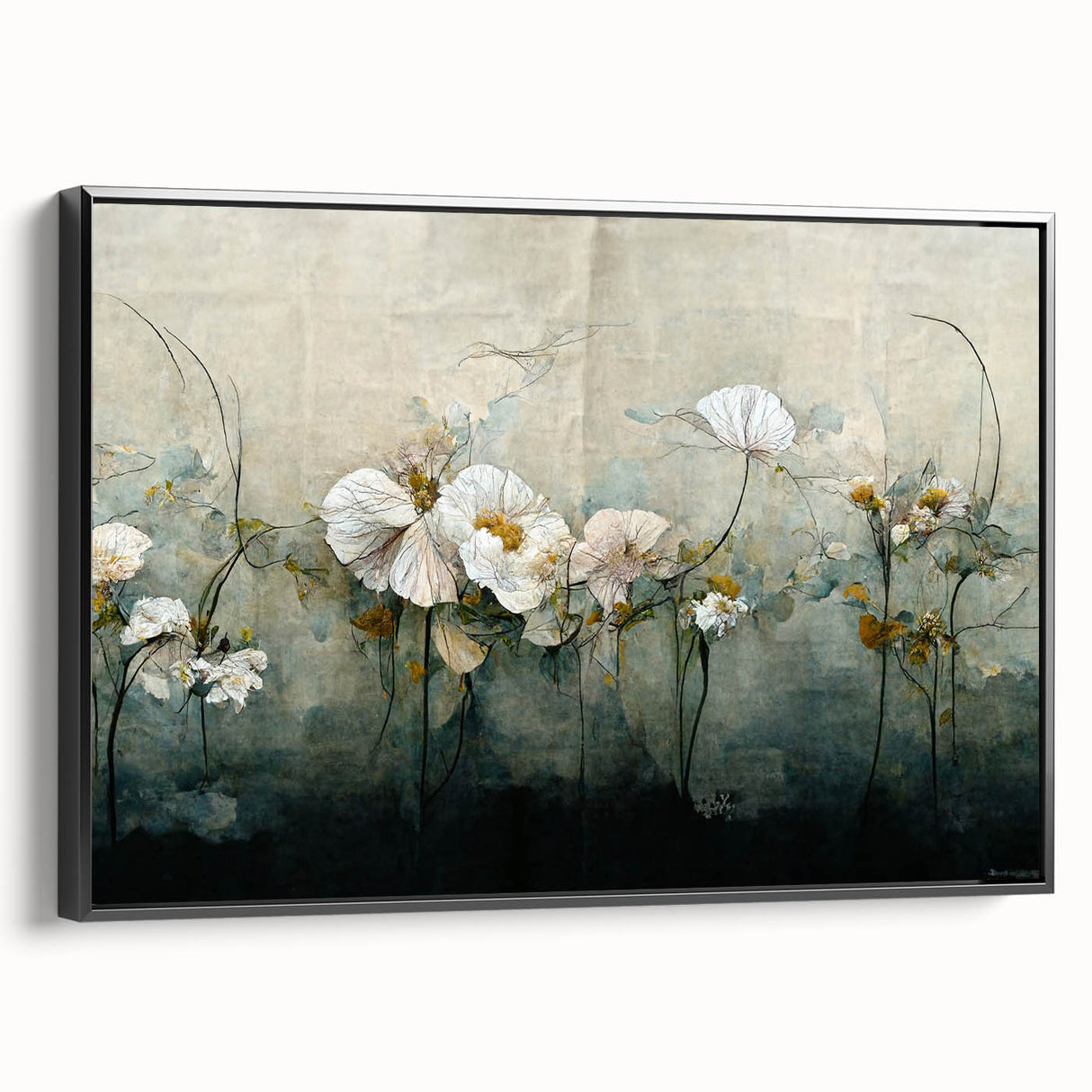 Framed canvas wall art showcasing abstract floral designs in vibrant colors, featuring a black frame, displayed from a side view to highlight depth and texture.
