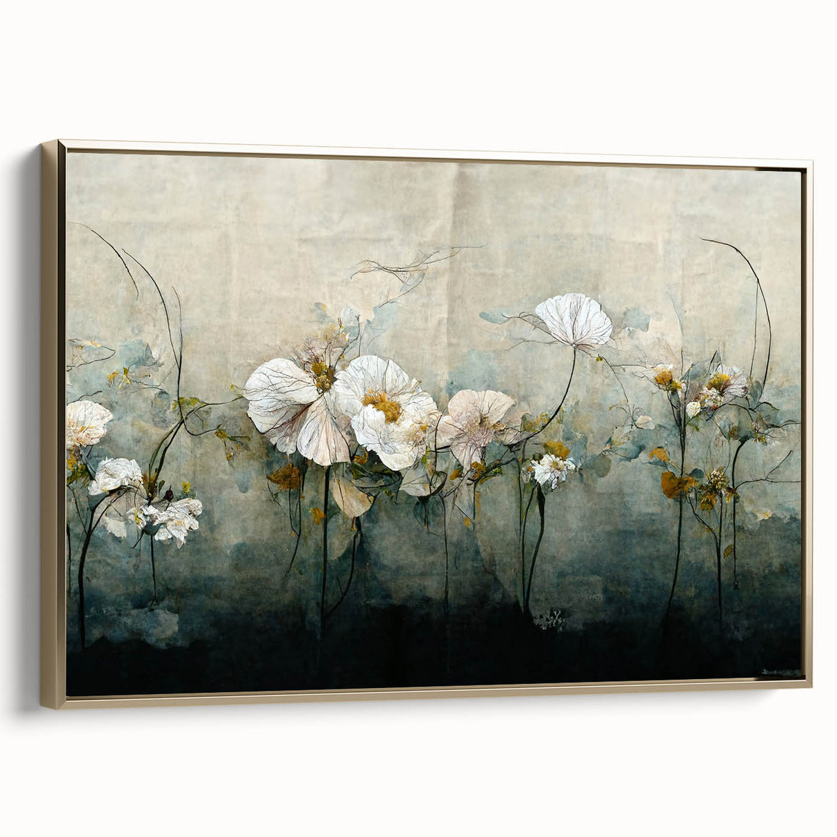 Framed abstract floral wall art featuring vibrant gold accents and a textured surface, showcased from a side view against a neutral background, ideal for modern decor.