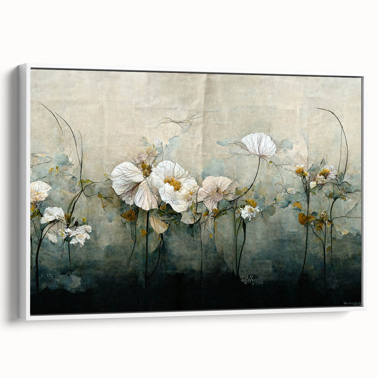 Framed abstract floral wall art on canvas showcasing vibrant colors and intricate designs, displayed in a modern, white frame against a neutral background. Perfect for enhancing home decor with a touch of contemporary elegance.