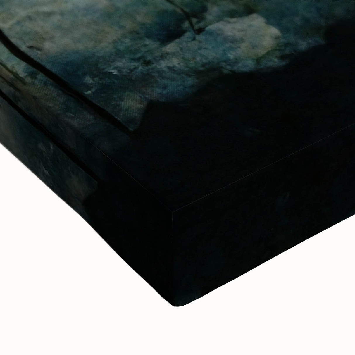 Close-up of vibrant abstract floral wall art on stretched canvas, showcasing intricate brush strokes and a colorful palette of blues, pinks, and greens. Perfect for modern home decor, adding a touch of elegance and creativity to any space.