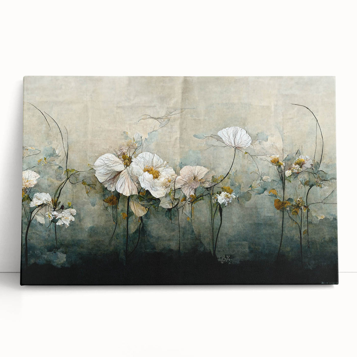 Abstract floral wall art on stretched canvas, showcasing vibrant colors and intricate designs, leaning against a neutral wall, perfect for modern decor.