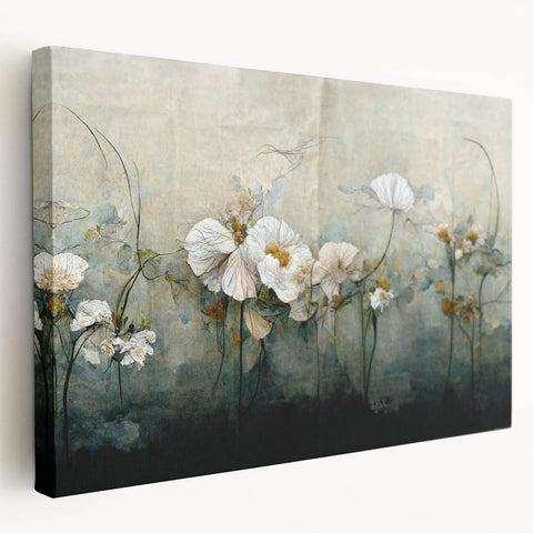 Abstract floral wall art on stretched canvas, showcasing vibrant colors and intricate designs, displayed from a side view to highlight depth and texture. Perfect for modern home decor.