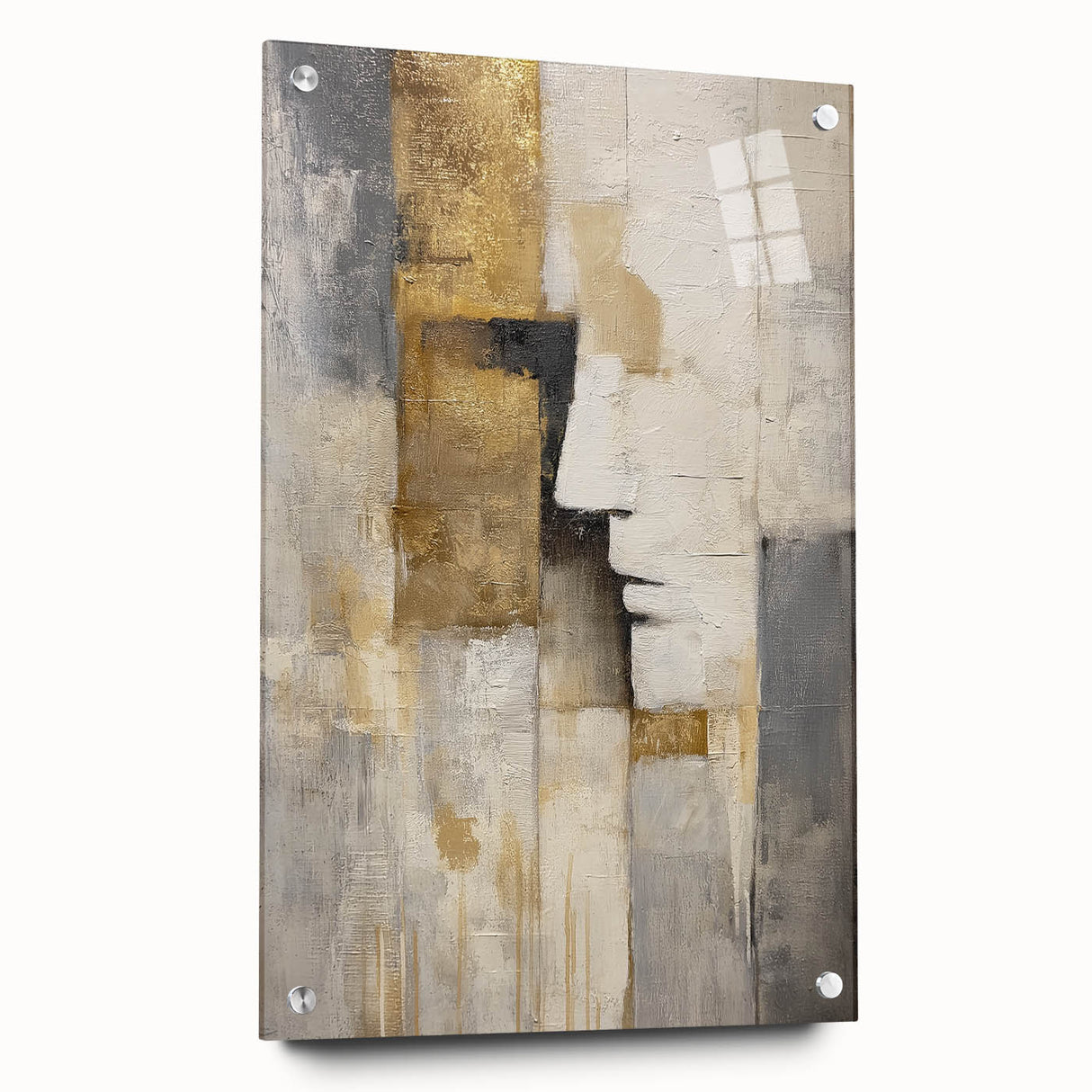 Abstract figurative acrylic artwork displayed in a glass frame, showcasing vibrant colors and intricate pin details from a side view, perfect for modern decor.