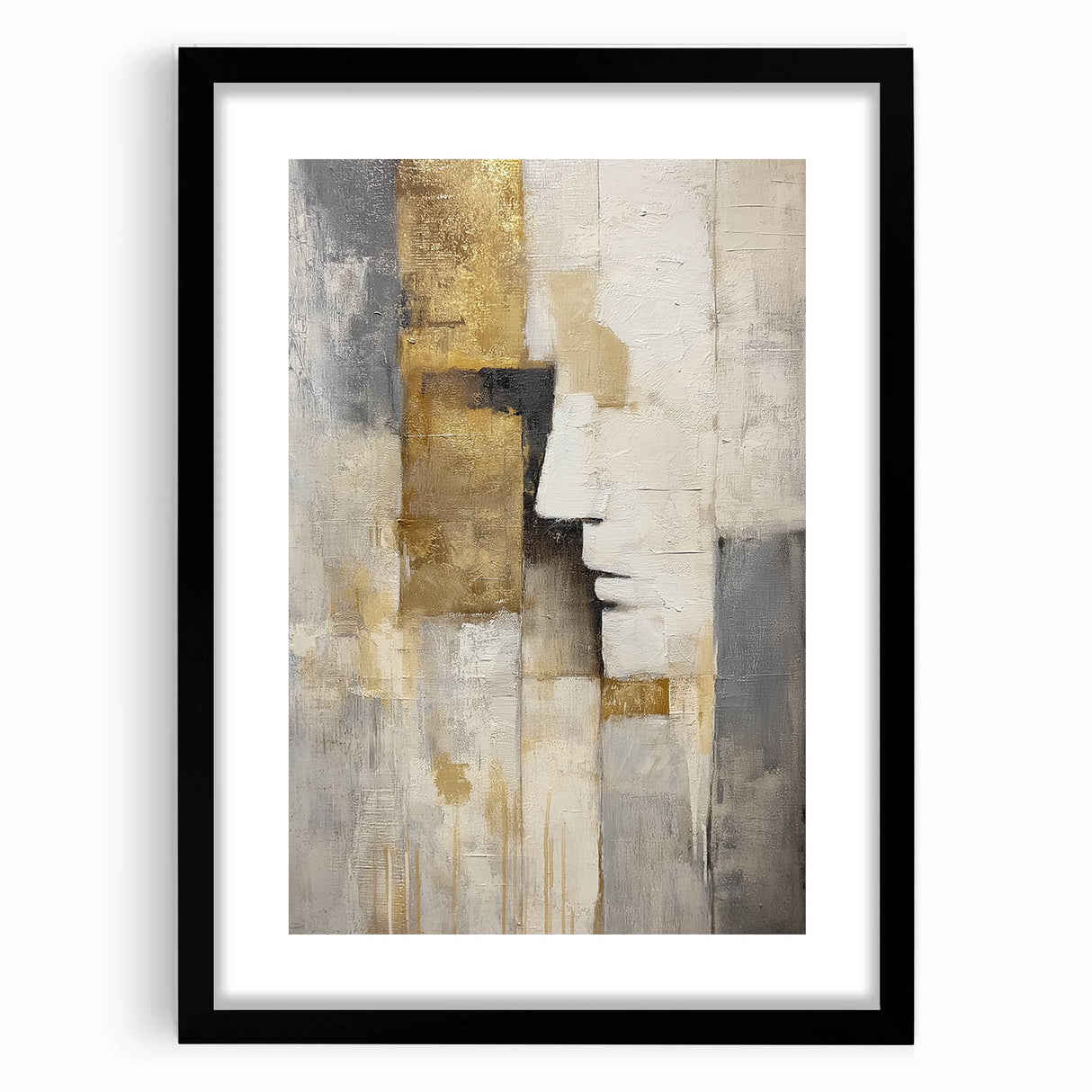 Abstract figurative black frame with a mat, showcasing a modern art piece that blends geometric shapes and subtle colors, perfect for contemporary decor.