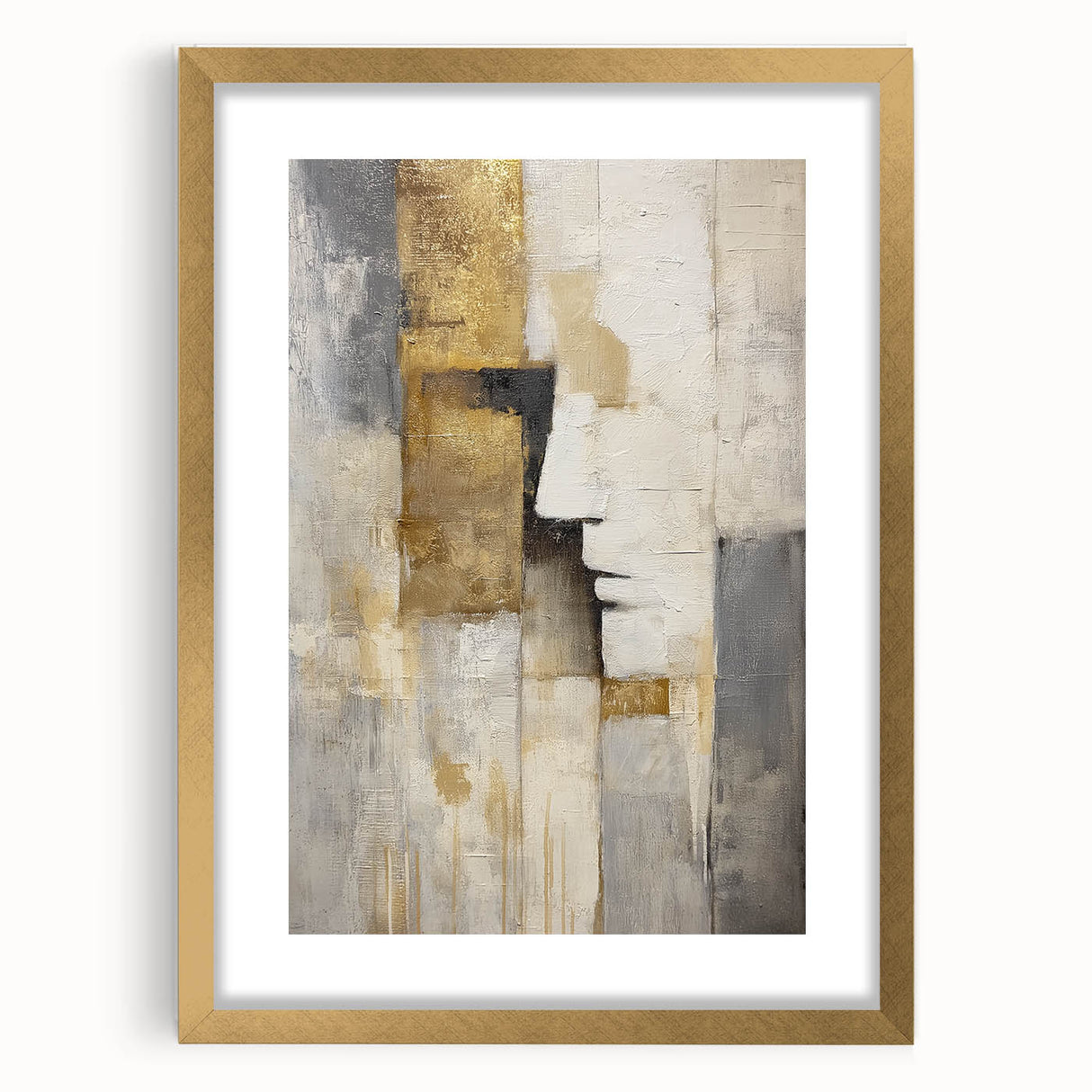 Gold-framed abstract figurative artwork with a mat, showcasing intricate details and warm tones, perfect for modern home decor and art enthusiasts.