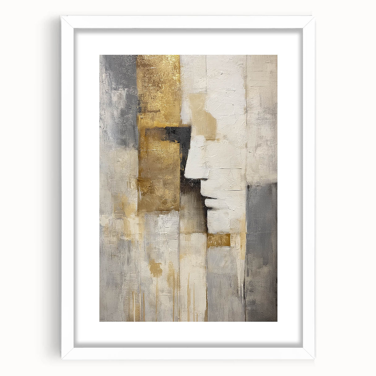 Abstract figurative art frame with a white mat, showcasing a modern design. The frame highlights vibrant colors and intricate details, perfect for contemporary decor.
