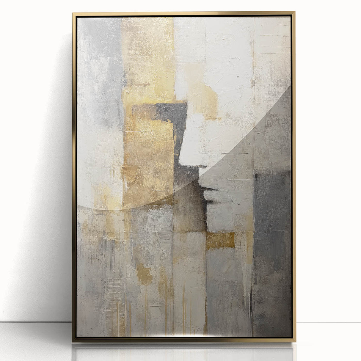 Framed abstract figurative art piece showcasing a dynamic gold design on a sleek acrylic surface, set against a minimalist backdrop, perfect for modern decor.