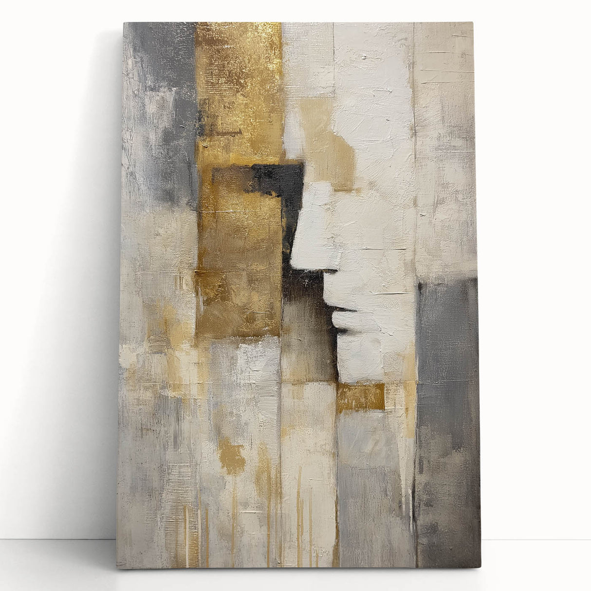 Abstract figurative stretched canvas art piece featuring vibrant colors and dynamic shapes, leaning against a textured wall, perfect for modern home decor.