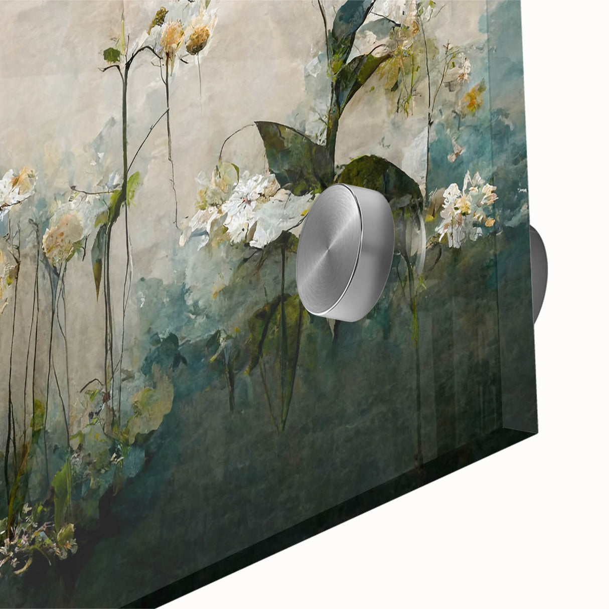 Close-up of vibrant abstract floral wall art printed on acrylic glass, showcasing intricate details and vivid colors, perfect for enhancing modern decor.