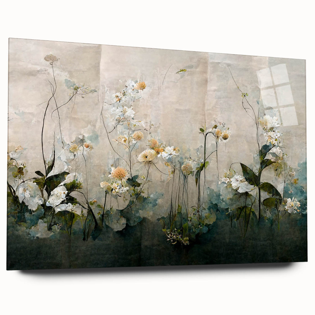 Abstract floral wall art displayed in acrylic glass, showcasing vibrant colors and intricate designs. Side view reveals a sleek finish, ideal for modern decor.