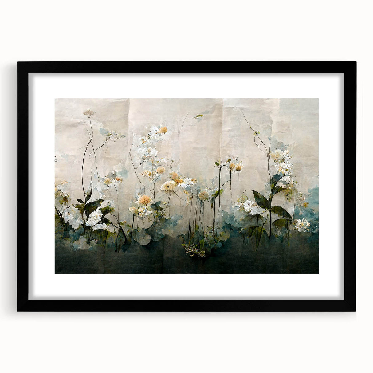 Abstract floral wall art featuring a black frame and mat, showcasing vibrant colors and intricate designs, ideal for modern home decor or office spaces.