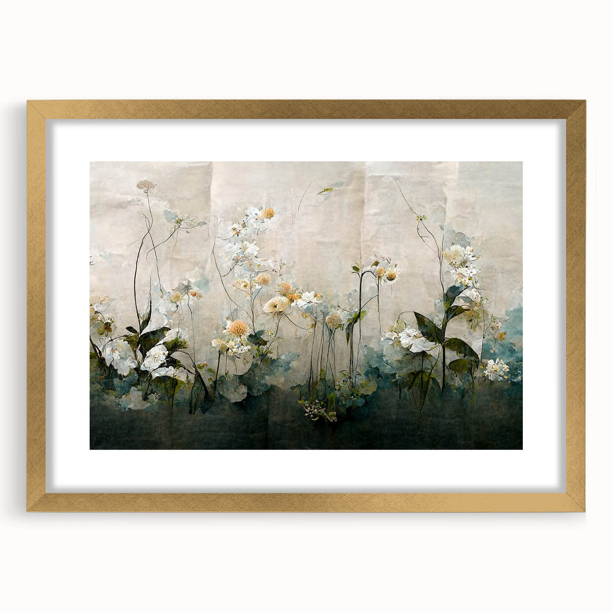 Abstract floral wall art framed in gold with a mat, showcasing vibrant colors and intricate design, perfect for enhancing modern home decor and aesthetics.