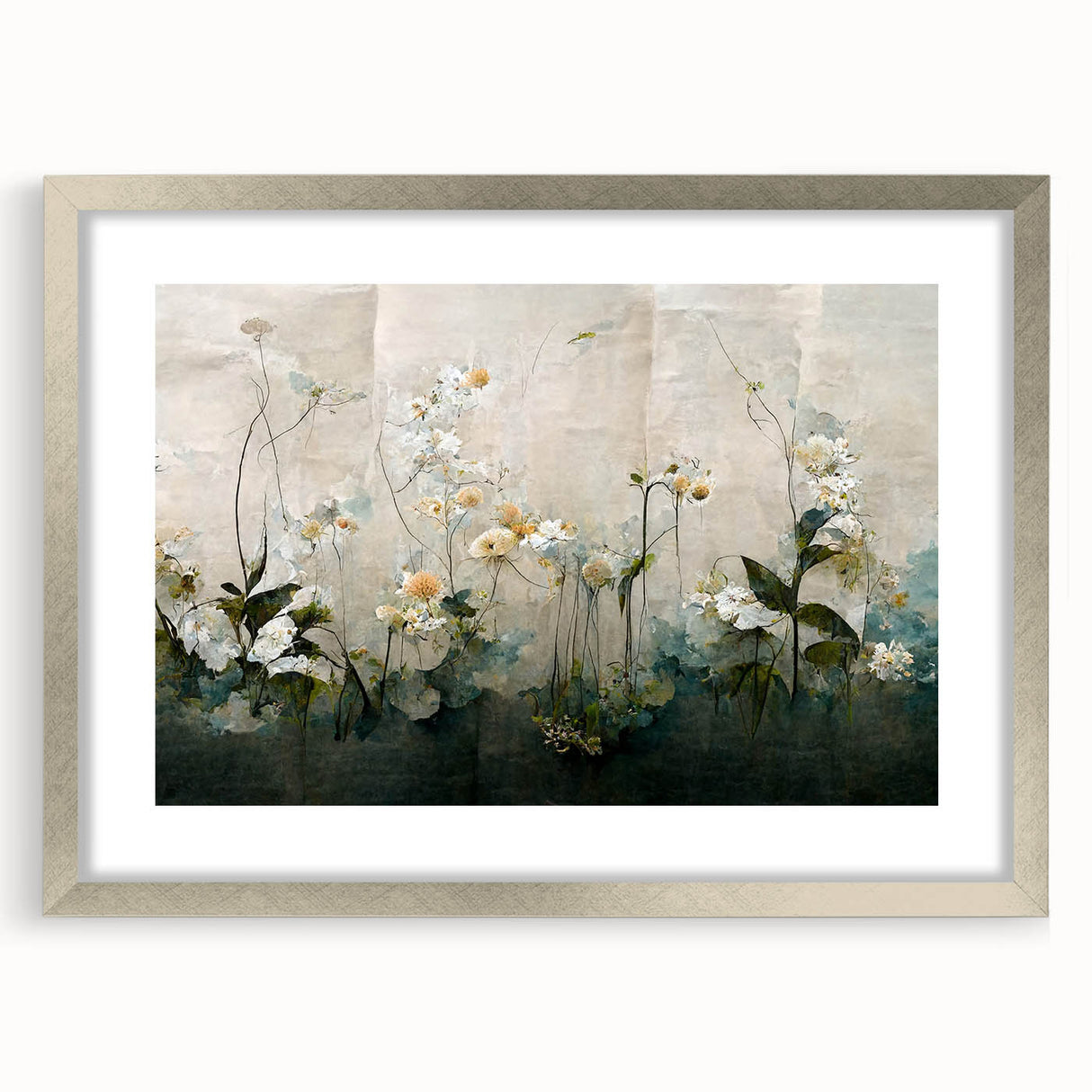 Abstract floral wall art in a silver frame with matting, showcasing vibrant colors and intricate designs, perfect for enhancing modern home decor. This piece adds elegance and a touch of nature to any living space.