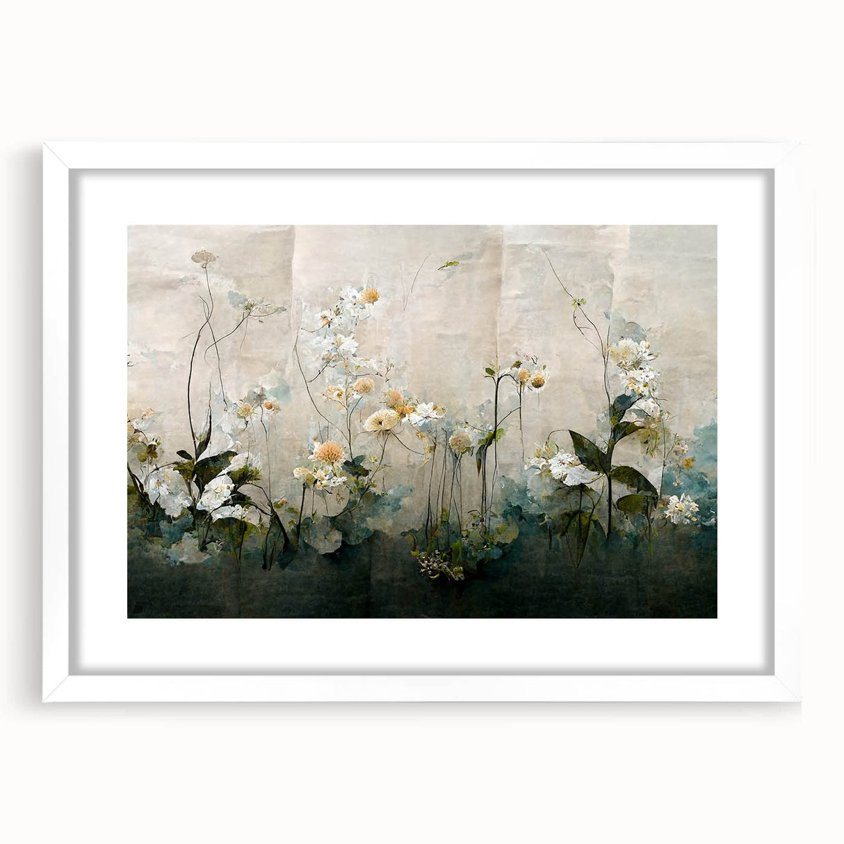 Abstract floral wall art framed in white with a mat, showcasing vibrant colors and intricate designs, perfect for modern home decor. Ideal for adding a touch of elegance to any room.