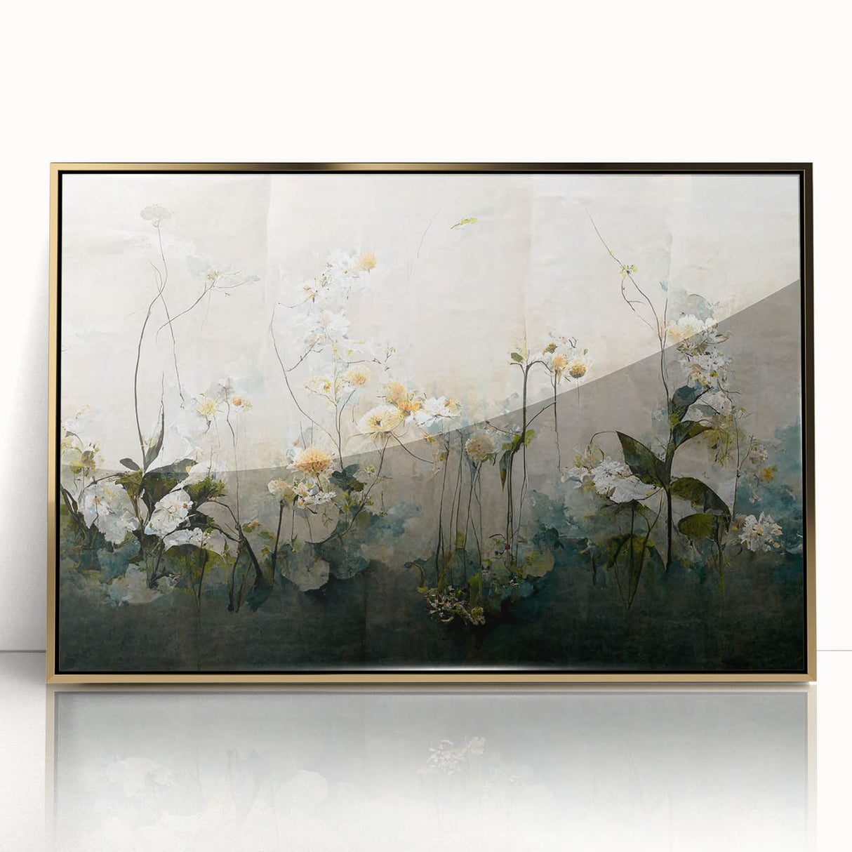 Framed abstract floral wall art in gold acrylic, showcasing vibrant colors and intricate patterns, perfect for modern home decor and enhancing interior aesthetics.