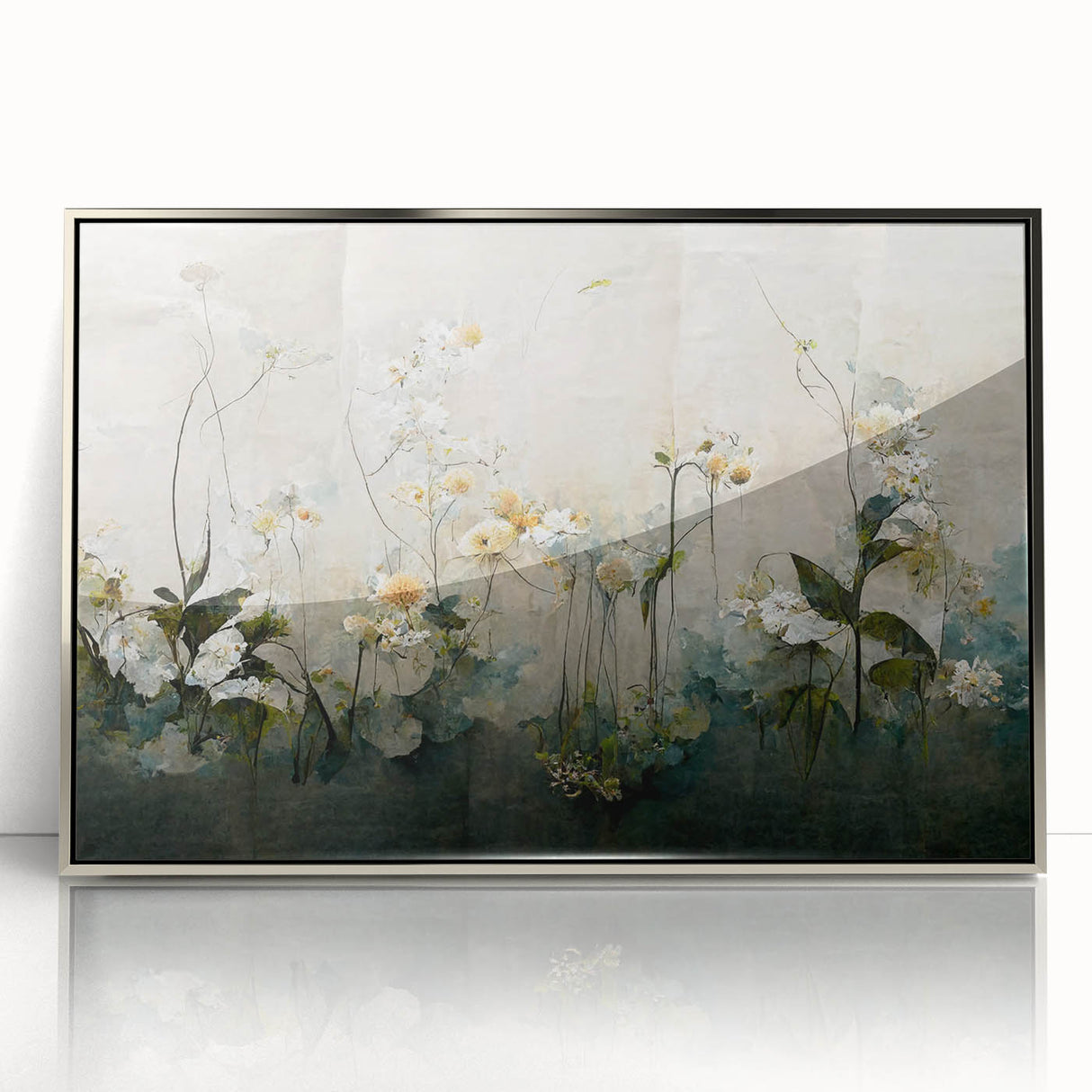 Framed abstract floral wall art with vibrant colors and intricate designs, displayed in a sleek silver frame, perfect for modern home decor.