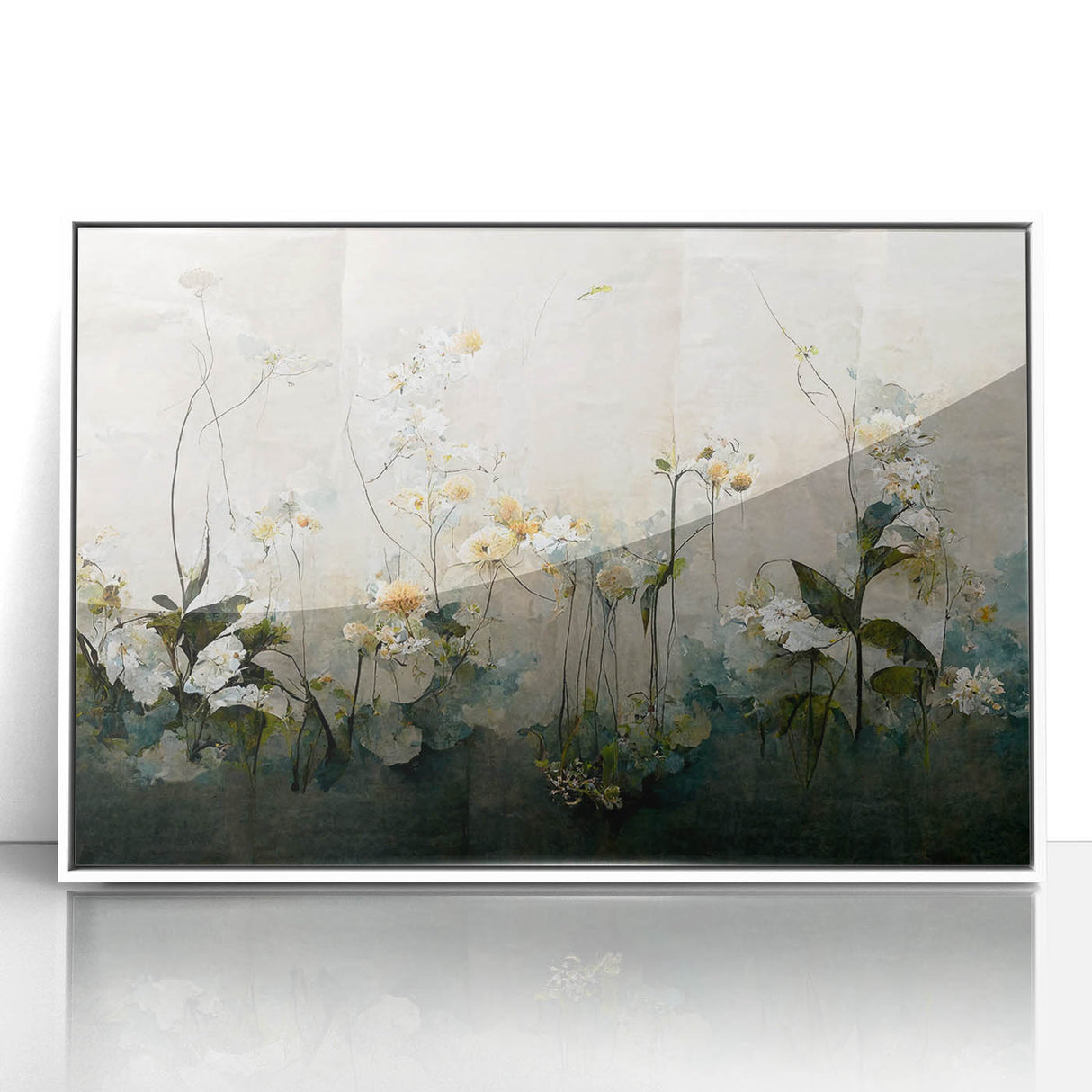 Framed abstract floral wall art in white acrylic, featuring vibrant colors and intricate designs, perfect for modern home decor or office spaces.