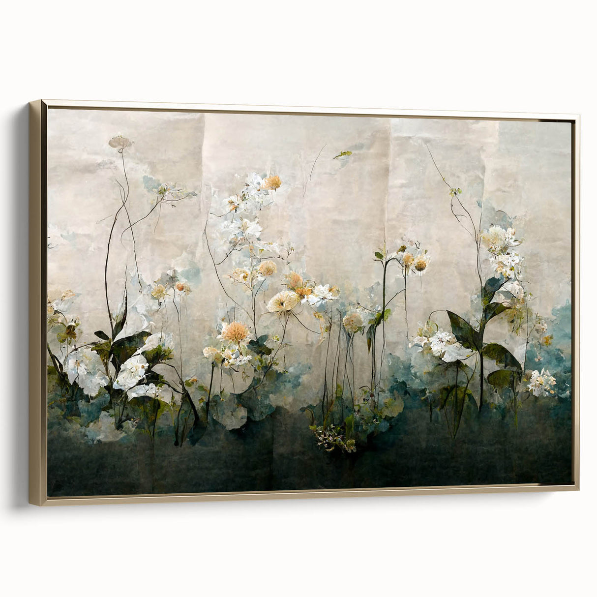 Framed canvas wall art showcasing an abstract floral design in vibrant colors with a gold frame, perfect for enhancing modern home decor.