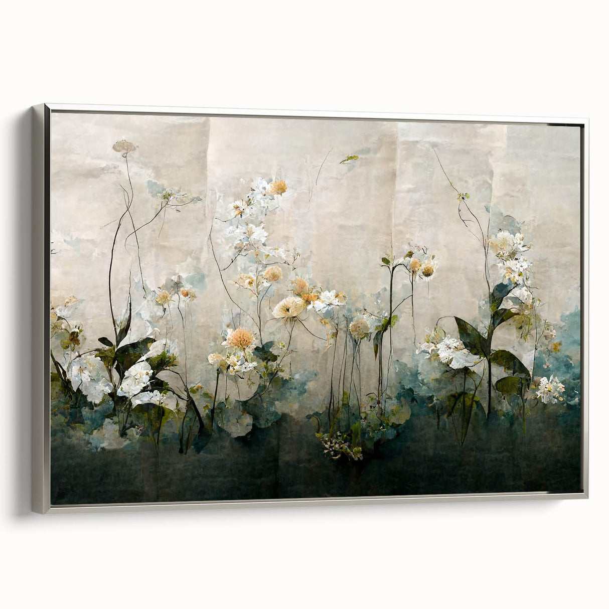 Framed abstract floral wall art featuring vibrant colors and intricate designs, showcasing a silver frame that enhances its modern aesthetic in a stylish setting.