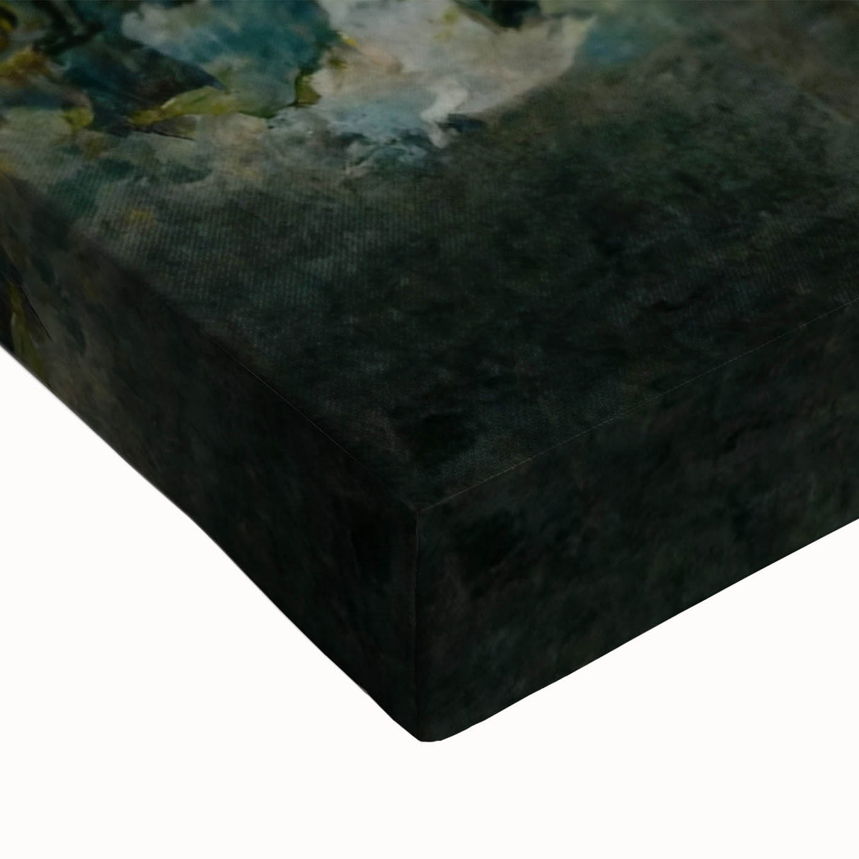 Close-up of a vibrant abstract floral wall art design on stretched canvas, showcasing intricate brush strokes and rich colors of pink, blue, and green, perfect for modern home decor.