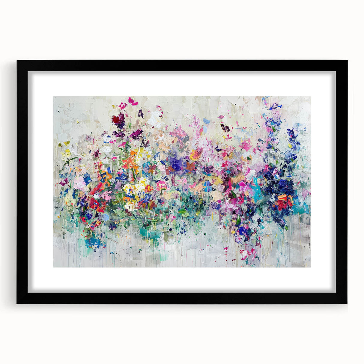 Abstract splatter art frame with a black mat, showcasing vibrant paint splashes in various colors, perfect for modern home or office decor.