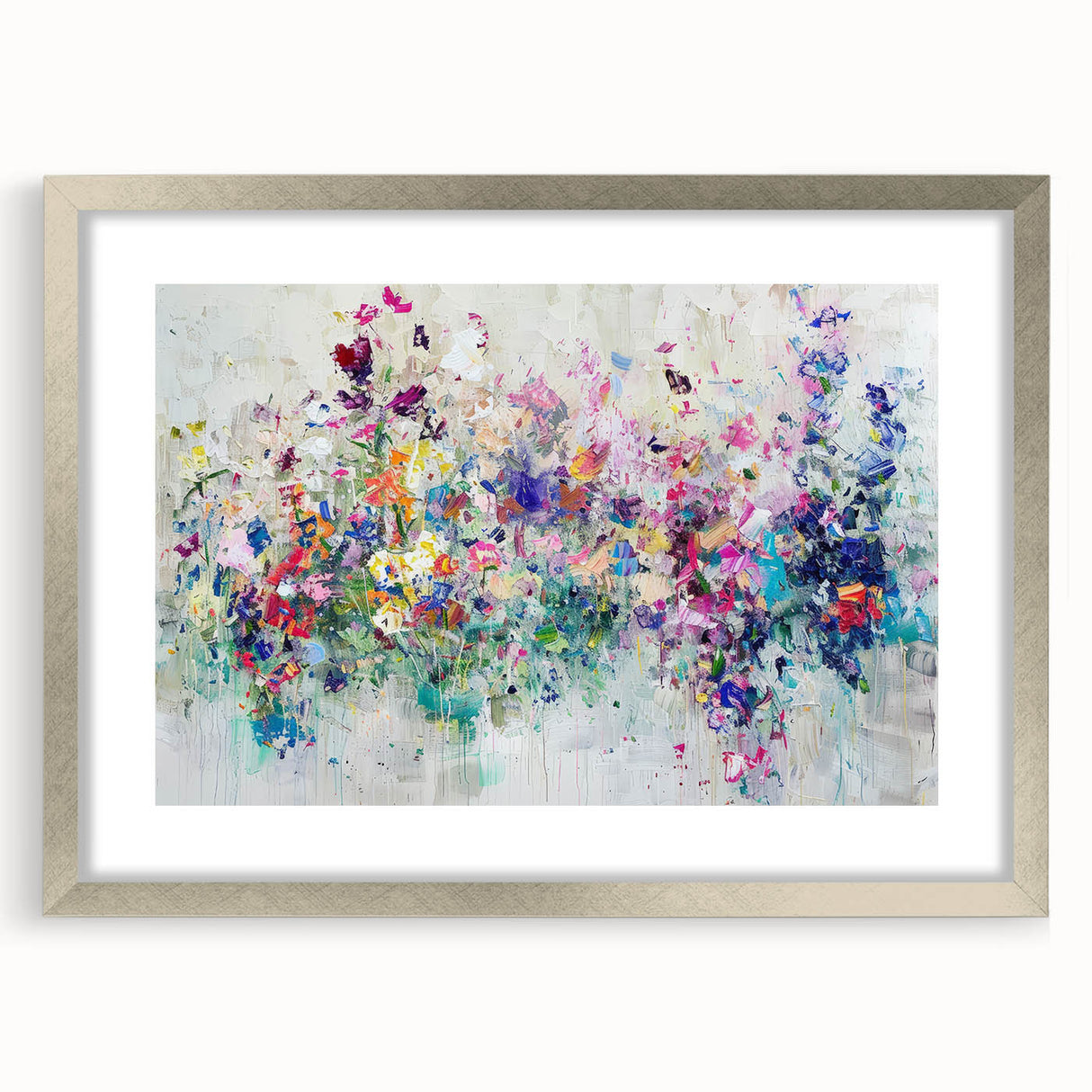 Abstract silver-framed wall art featuring colorful splatter designs on a mat background, ideal for modern home decor and artistic displays. Perfect for enhancing interior spaces with a vibrant touch.