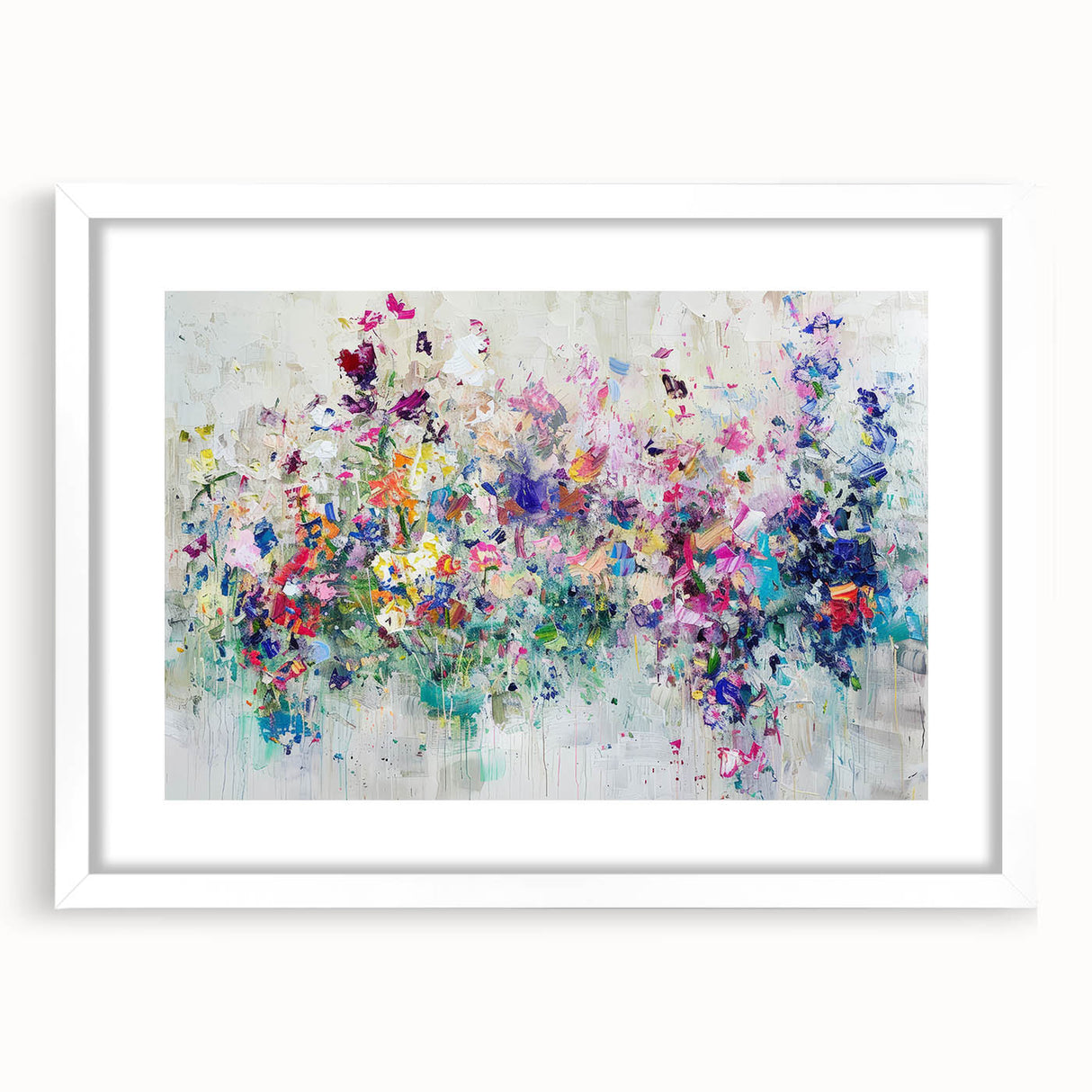 Abstract splatter art frame with a white mat showcasing vibrant, colorful paint splatters, ideal for modern home decor and artistic displays, front view.