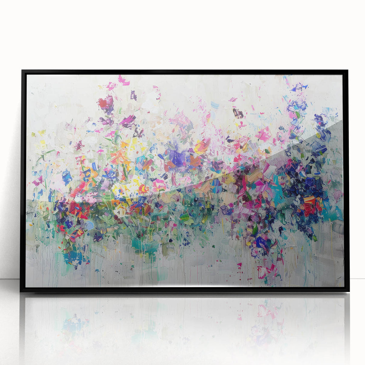 Framed acrylic artwork showcasing an abstract design with vibrant splatters in black and colorful hues, perfect for modern home decor and art enthusiasts.