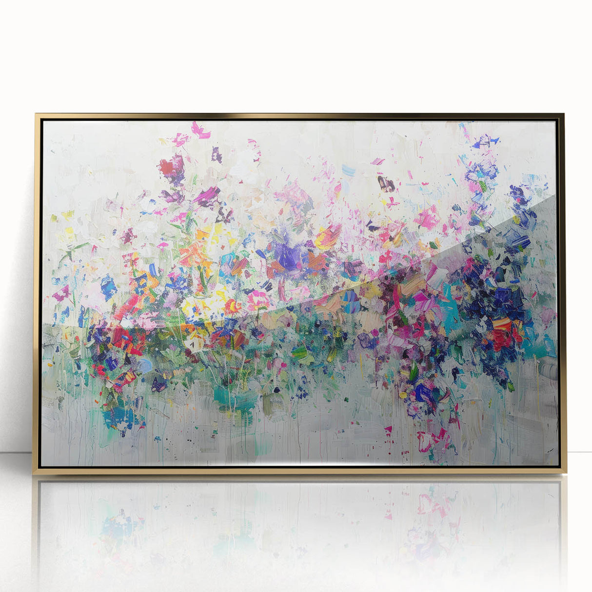 Framed acrylic artwork showcasing abstract splatters in vibrant gold and black hues, ideal for modern decor, enhancing any living space or office with elegance.
