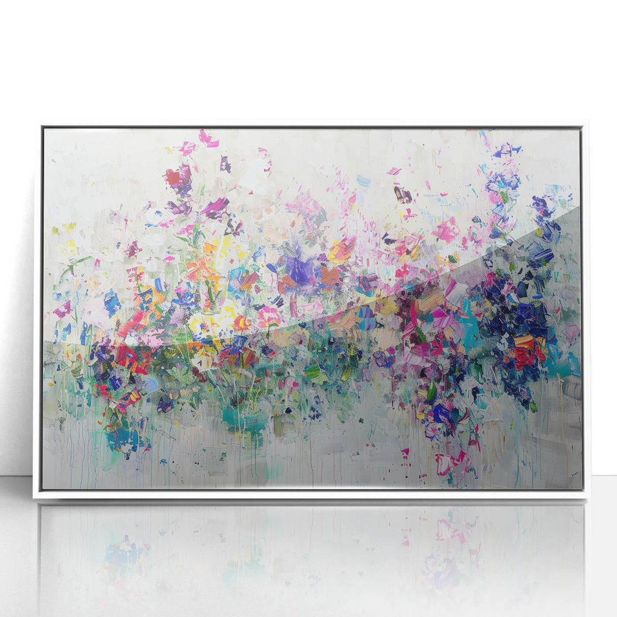 Framed acrylic artwork featuring vibrant abstract splatters in shades of blue, pink, and yellow, set against a sleek white background, perfect for modern home decor.