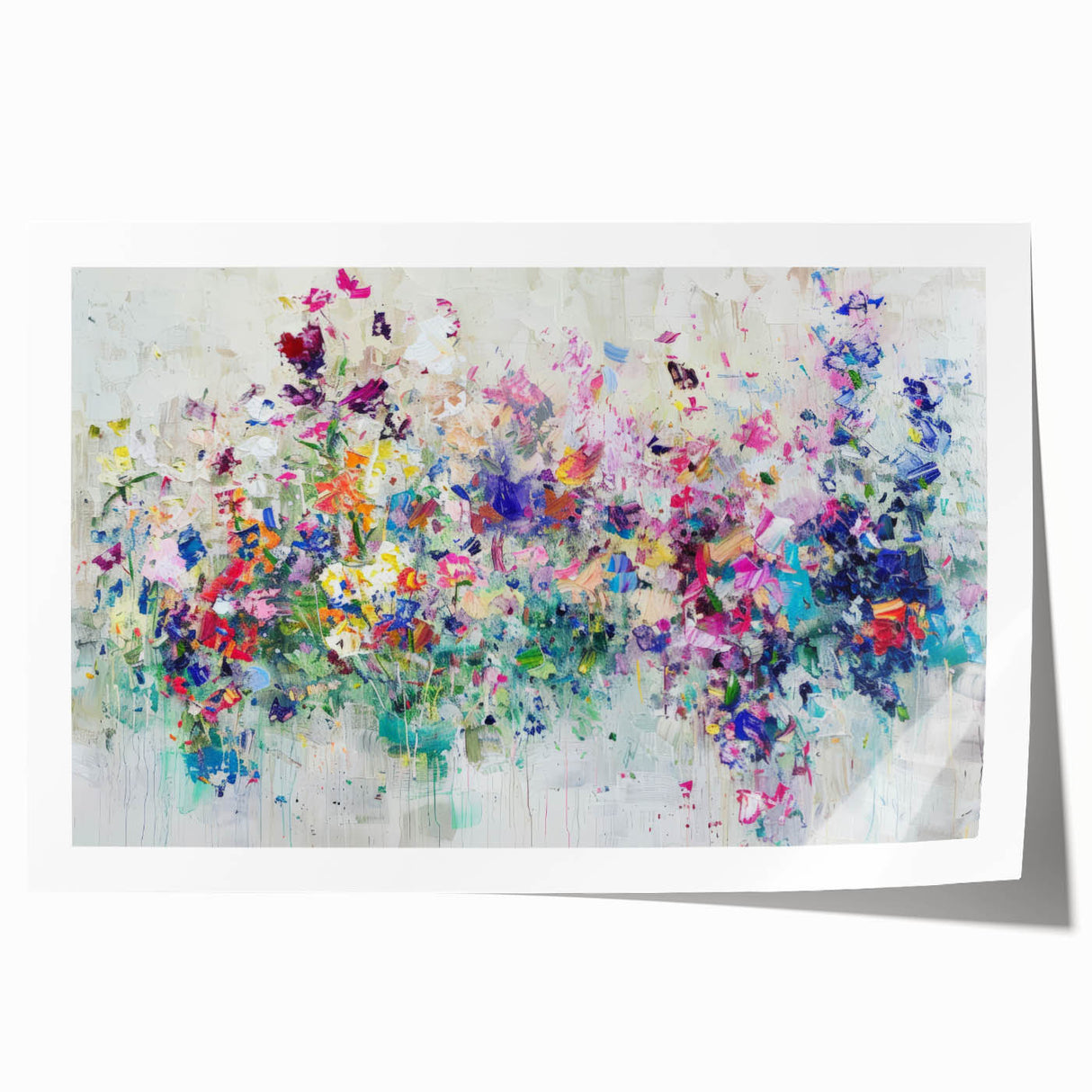 Abstract splatter art print showcasing vibrant colors in a dynamic design, rolled and ready for display, perfect for modern home decor and artistic statement pieces.
