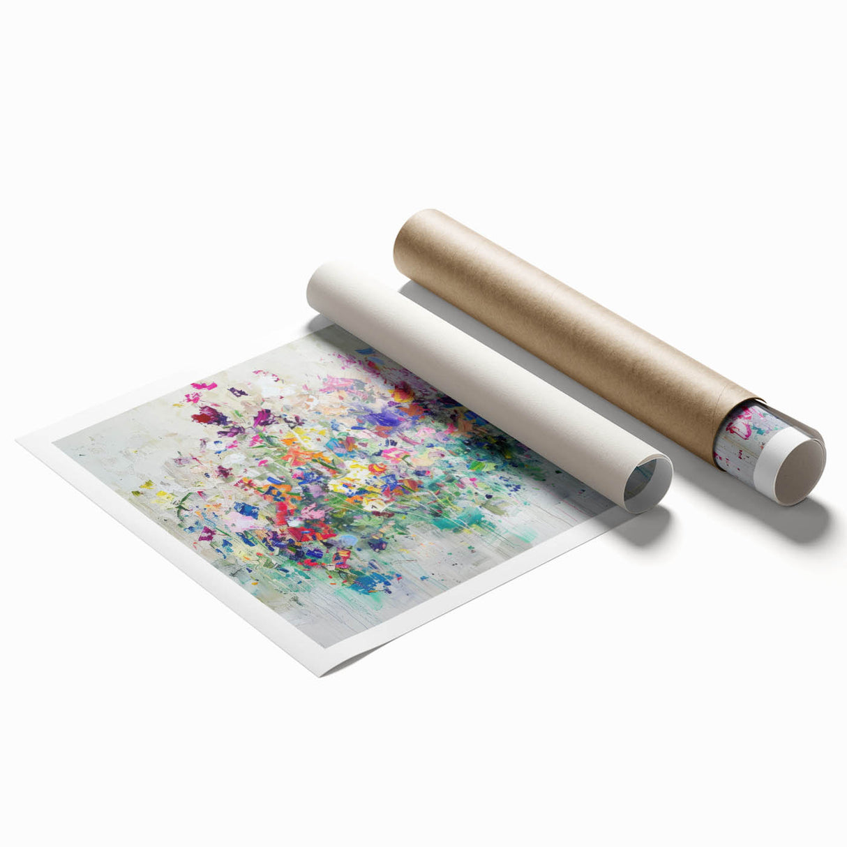 Abstract splatter art print showcasing vibrant colors of blue, orange, and yellow on a textured background, rolled and ready for framing or display in modern decor.