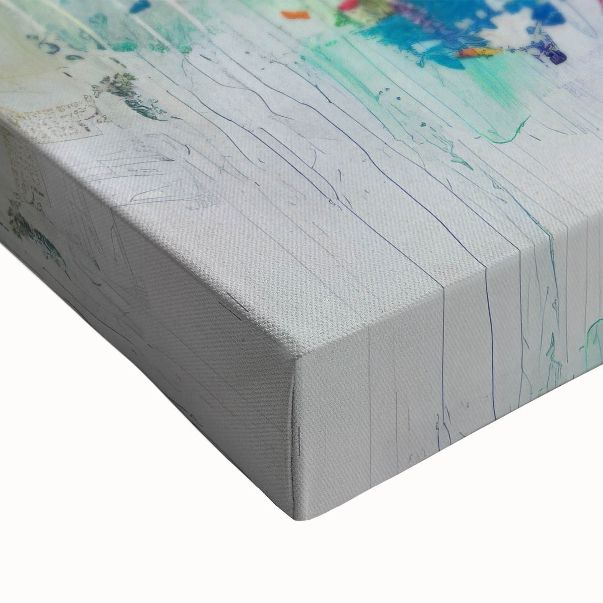 Close-up of an abstract splatter design on stretched canvas, showcasing vibrant colors and dynamic textures, perfect for modern home decor or art enthusiasts.