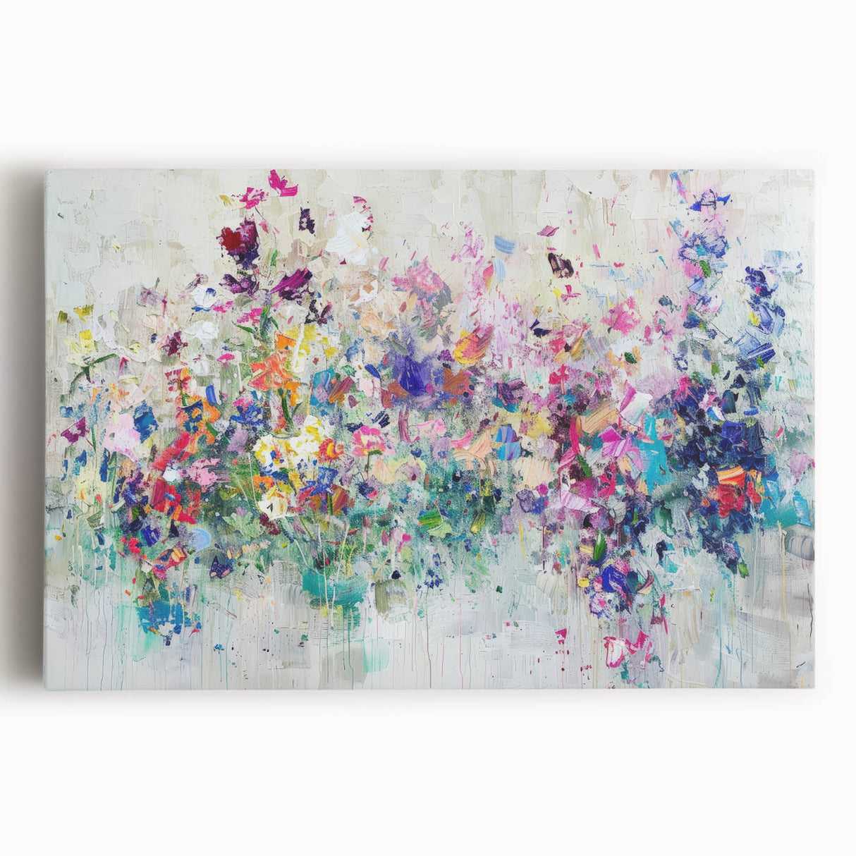 Abstract splatter canvas art showcasing vibrant blue, orange, and yellow colors with a textured finish, perfect for modern home decor and artistic expression.