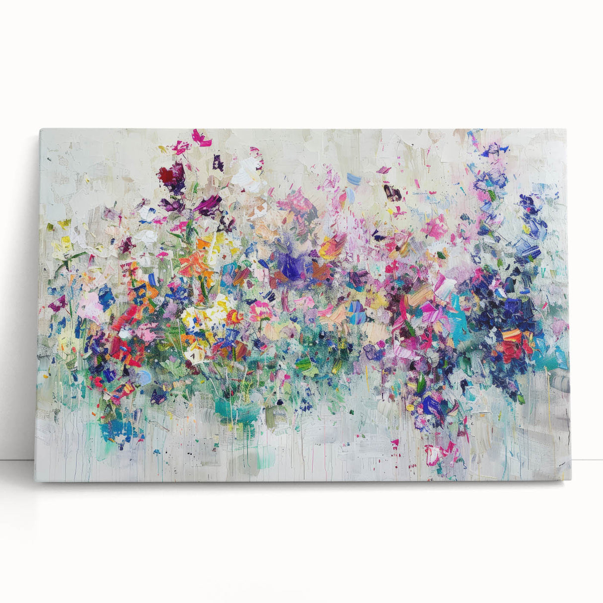 Abstract splatter canvas artwork featuring vibrant colors of blue, orange, and yellow, designed to enhance modern decor. Ideal for art enthusiasts seeking unique home accents.