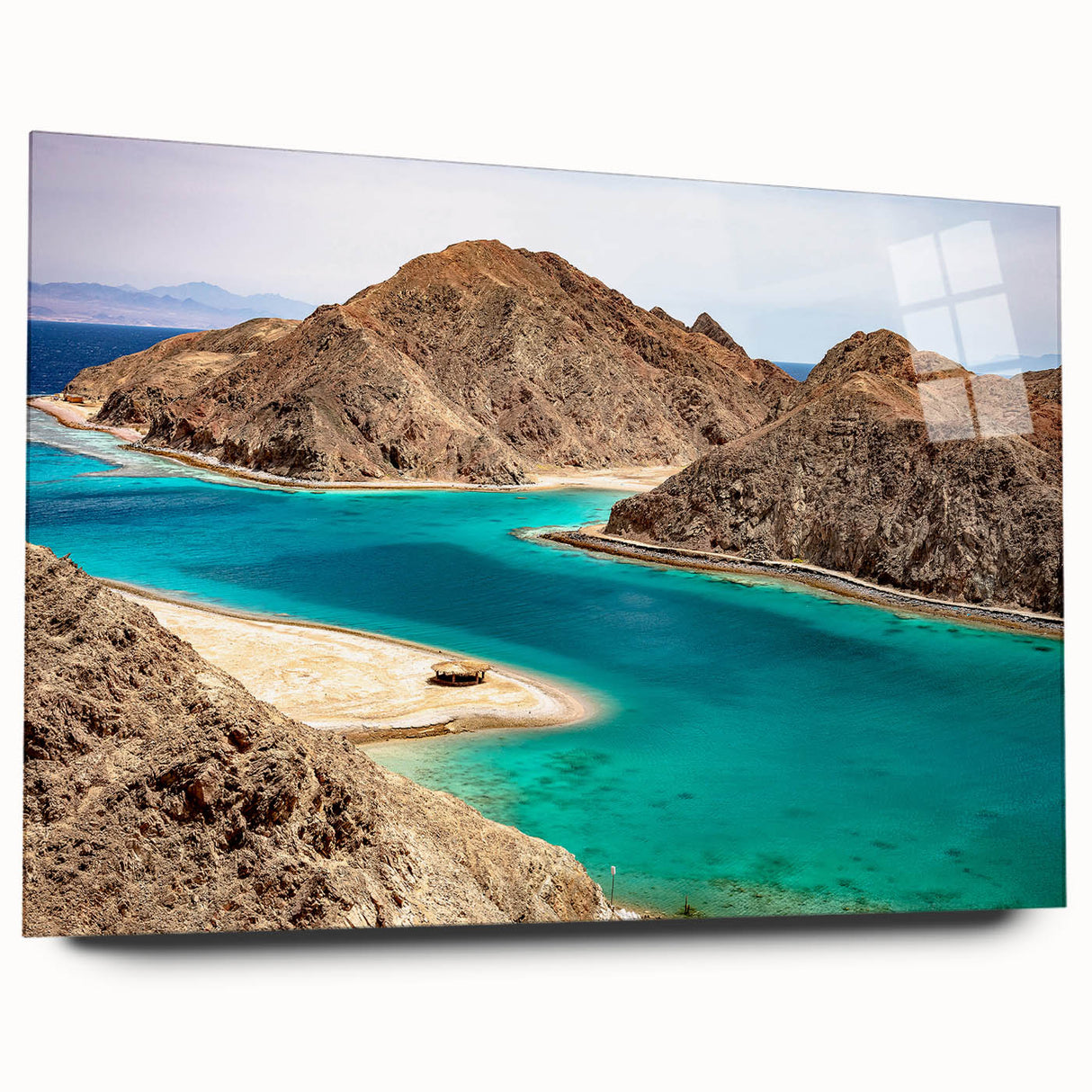 Large abstract depiction of an Egyptian landscape on acrylic glass, in earthy tones, ideal for bedroom or dining room art.