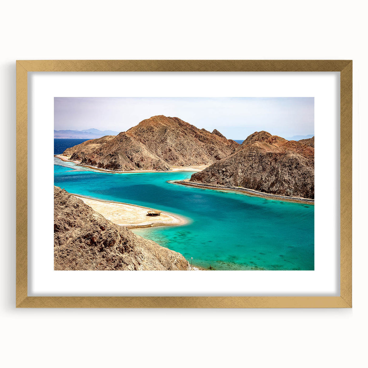 Textured abstract art print depicting an Egyptian landscape in muted gold and earth tones on a framed canvas.