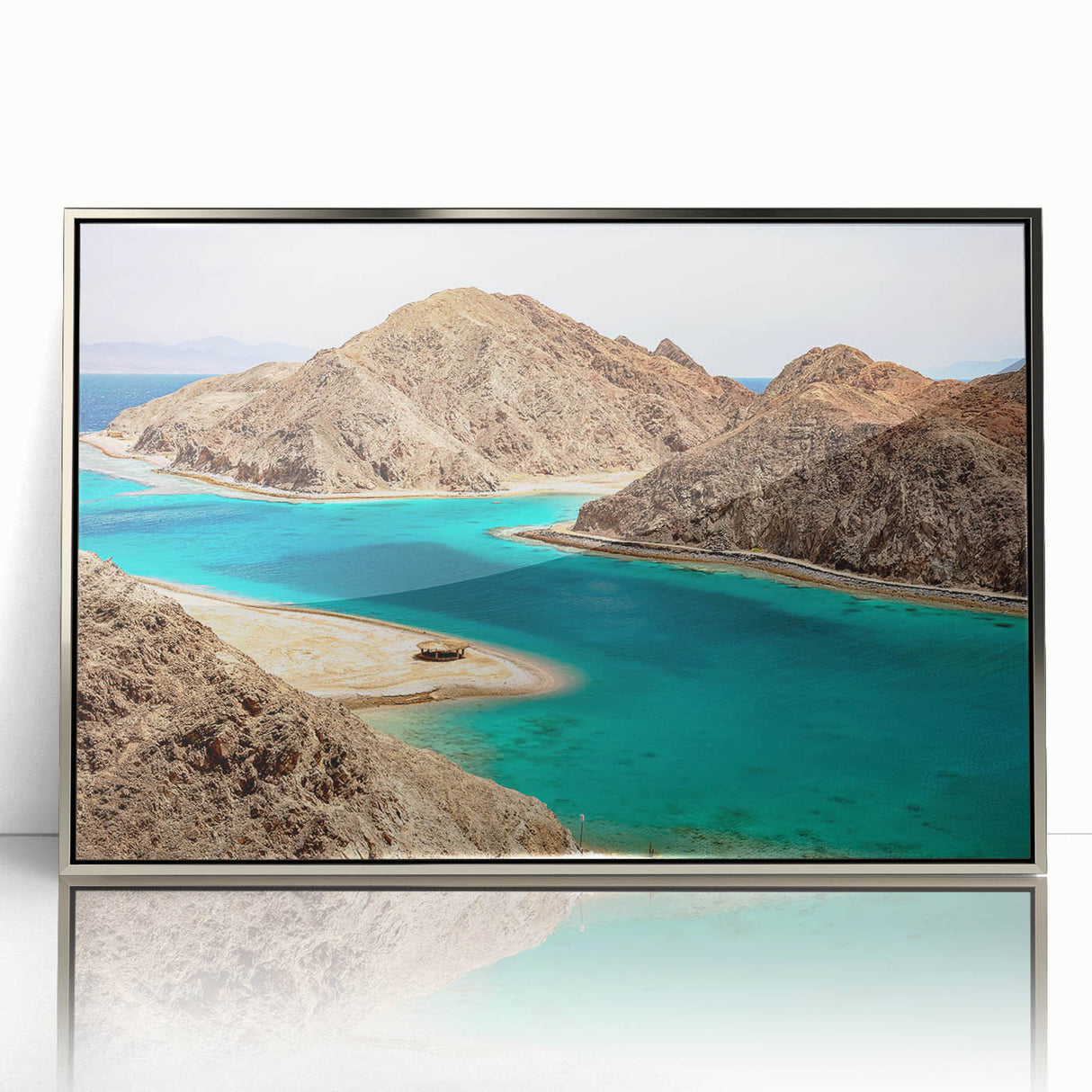 Art deco poster of Egypt scenery, in silver framed acrylic, with muted earth tones, ideal for modern art wall decor.