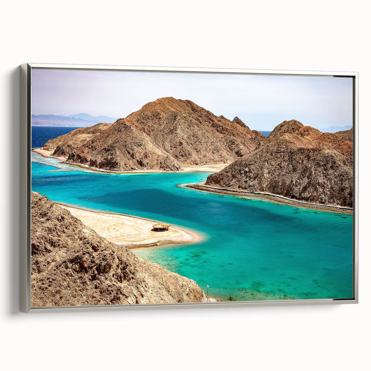 Vintage poster art of an Egyptian scene, framed canvas with silver accents, featuring a black and colorful palette.