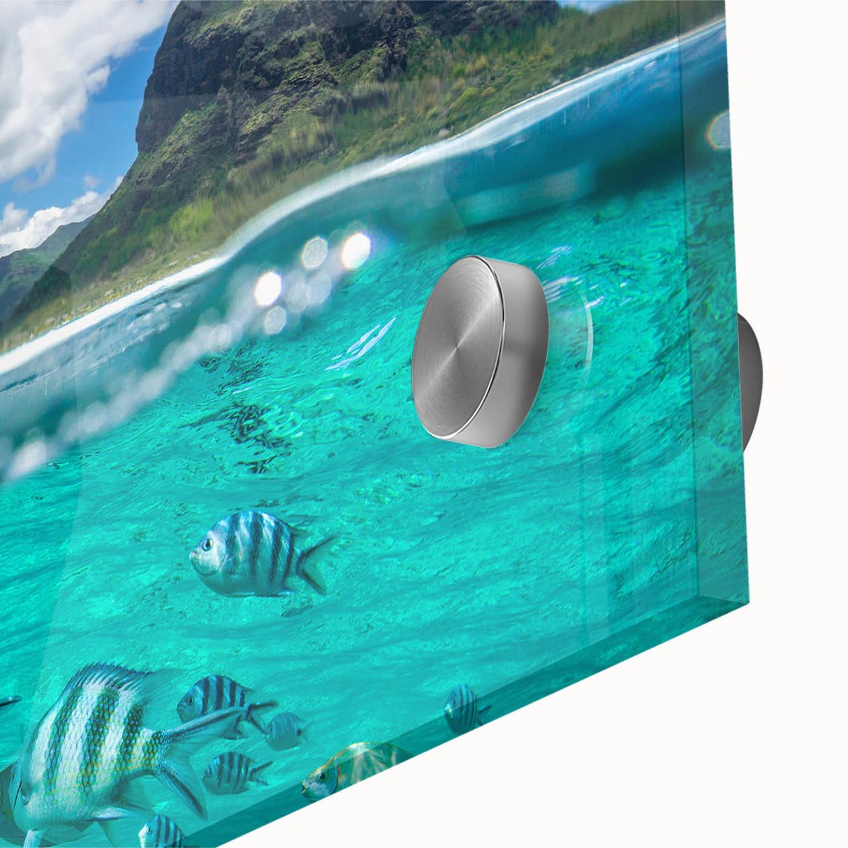 Large abstract wall art of a Mauritius scenery in vibrant blue and green tones on acrylic glass, ideal for dining room art.